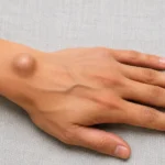 El bileği üzerinde belirgin ganglion kisti bulunan elin üst kısmını gösteren klinik görünüm