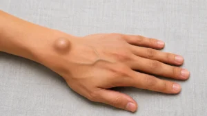 El bileği üzerinde belirgin ganglion kisti bulunan elin üst kısmını gösteren klinik görünüm
