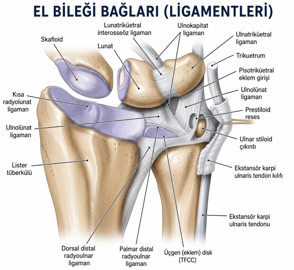 El bileği bağlarını (ligamentlerini) gösteren anatomik illüstrasyon. Skafoid, lunat, trikuetrum kemikleri ile radiolunat, ulnotrikuetral ve TFCC başta olmak üzere el bileği stabilitesini sağlayan bağ yapıları ayrıntılı olarak gösterilmektedir.