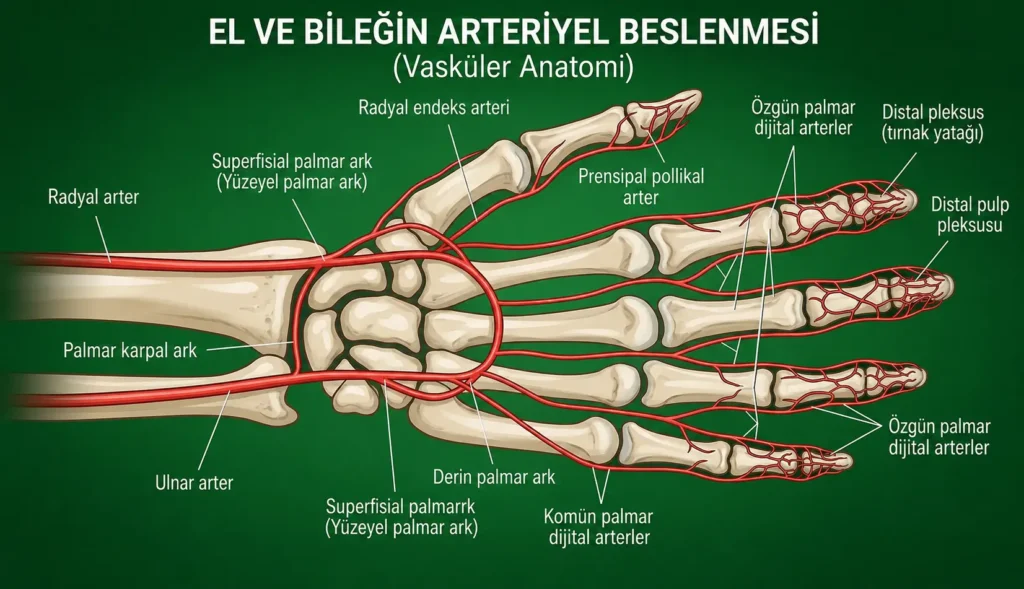 El ve bileğin arteriyel beslenmesini gösteren anatomik infografik. Radyal arter, ulnar arter, yüzeyel ve derin palmar arklar ile dijital arterlerin el içindeki damar dağılımı ayrıntılı olarak gösterilmektedir.