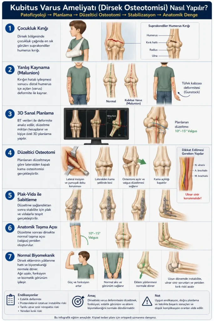 Kubitus varus (gunstock deformitesi) cerrahisinin çocukluk kırığından anatomik düzeltmeye kadar tüm aşamalarını gösteren ayrıntılı dirsek osteotomisi infografiği.