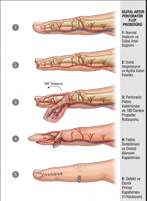 Dijital arter perforatör flep ile parmak ucu amputasyonu onarımı ve cerrahi aşamaları anatomik çizimi