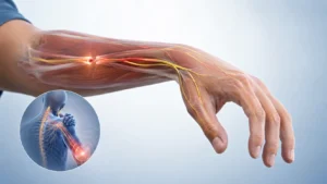 El ve ön kolda periferik sinir yaralanmasını gösteren yarı gerçekçi 3D tıbbi illüstrasyon. Bilek düşüklüğü, kas güçsüzlüğü, sinir iletim kaybı ve radial, median ile ulnar sinir anatomisi şeffaf katmanla gösterilmektedir.