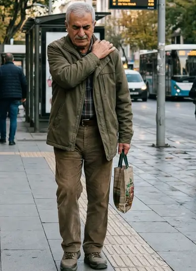 Omuz ağrısı çeken yaşlı bir hasta görseli
