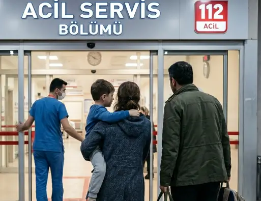 çocuğunun kolu kırılan ebeveynlerin acil servise girişini gösteren görsel