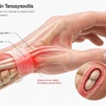 De Quervain tenosinovitinde başparmak ve bilek radial tarafında APL ve EPB tendon kılıfı iltihabını gösteren 3D tıbbi illüstrasyon
