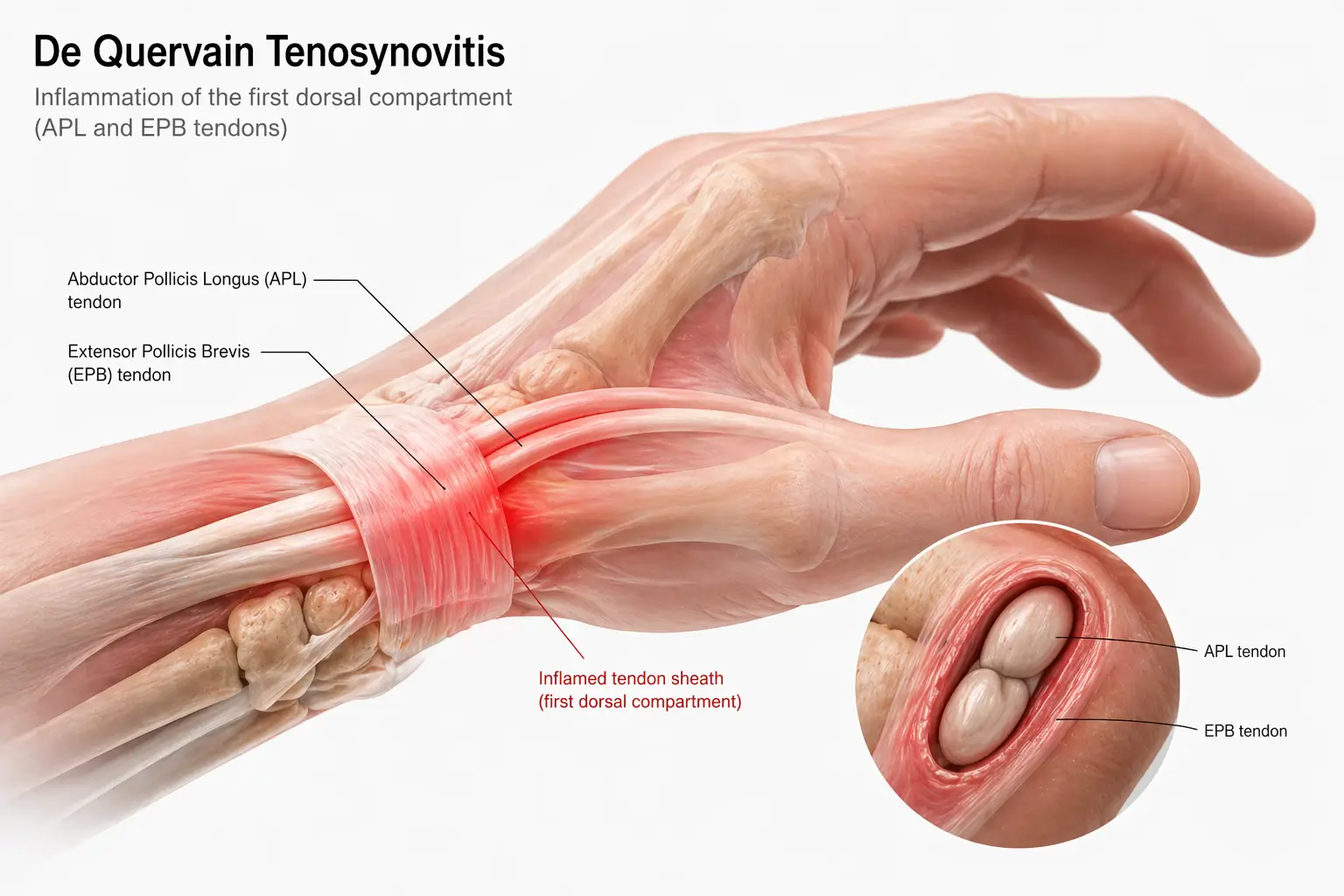 De Quervain tenosinovitinde başparmak ve bilek radial tarafında APL ve EPB tendon kılıfı iltihabını gösteren 3D tıbbi illüstrasyon