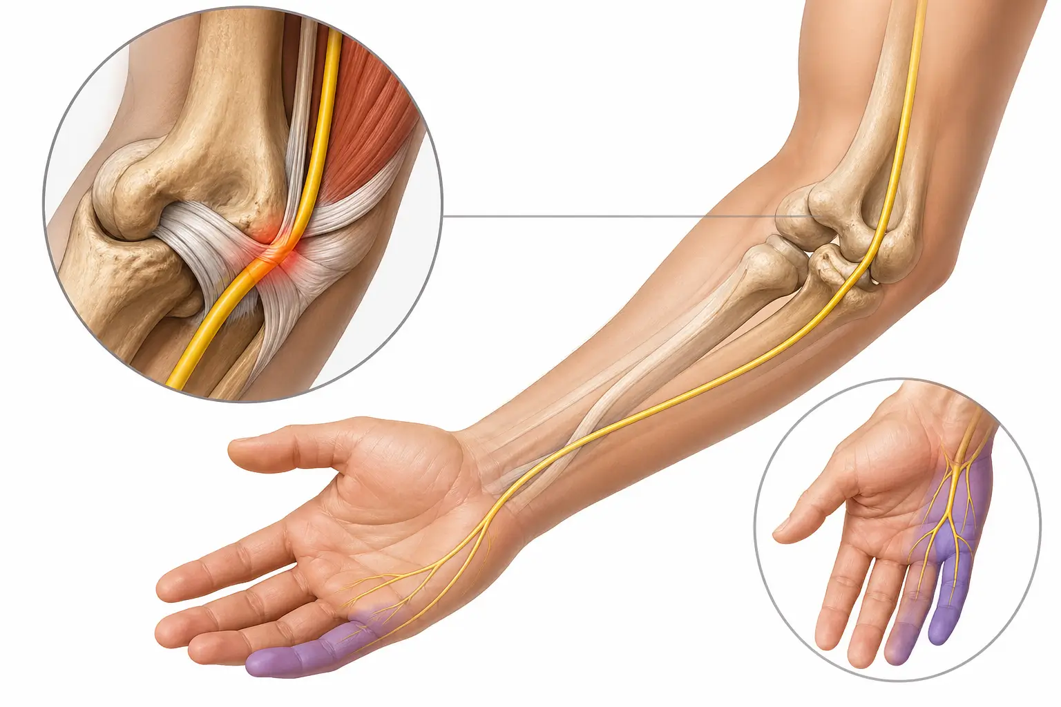 Ulnar sinirin dirsek (kubital tünel) bölgesinden ele uzanan anatomik yolu, serçe parmak uyuşması ve sinir sıkışmasını gösteren tıbbi illüstrasyon.