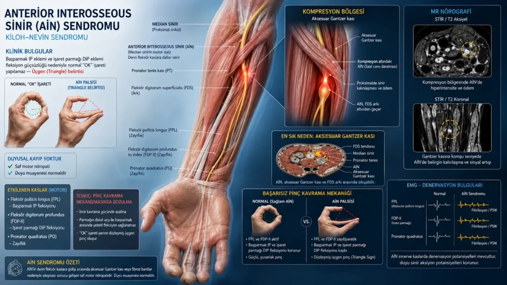 Anterior interosseöz sinir sendromunda başarısız OK işareti ve üçgen belirtisini gösteren anatomik medikal illüstrasyon