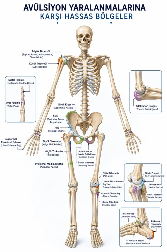 Kas ve tendon çekmesine bağlı avülsiyon kırıklarının görüldüğü anatomik bölgeler