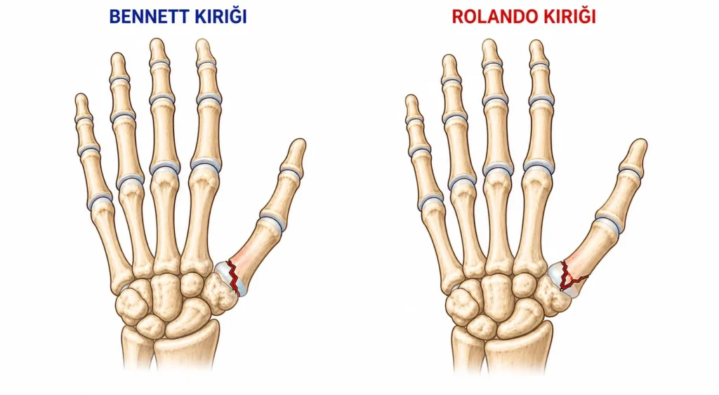 Bennett kırığı ve Rolando kırığının görsel karşılaştırması