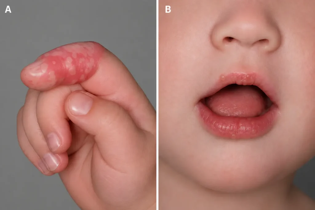 Parmak emmeye bağlı gelişen çocukluk çağı herpetik dolama ve dudakta herpes simpleks veziküllerini gösteren klinik görsel