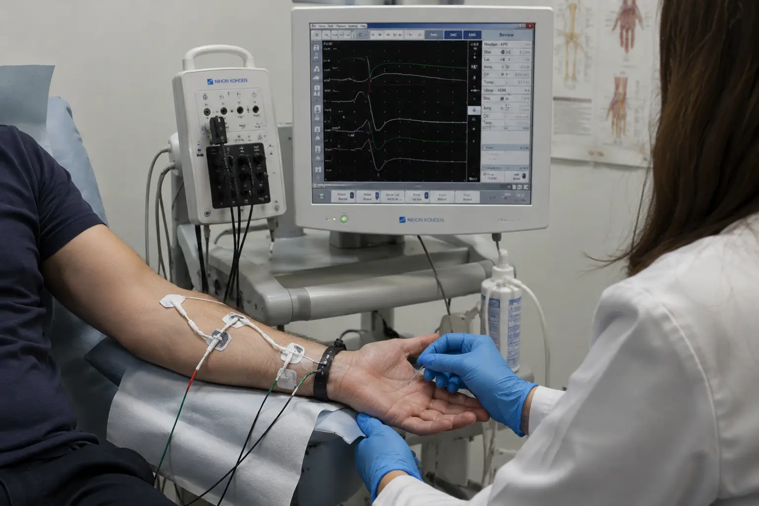 Nörofizyoloji laboratuvarında el EMG testi yapılan hastayı ve EMG cihazını gösteren klinik görüntü
