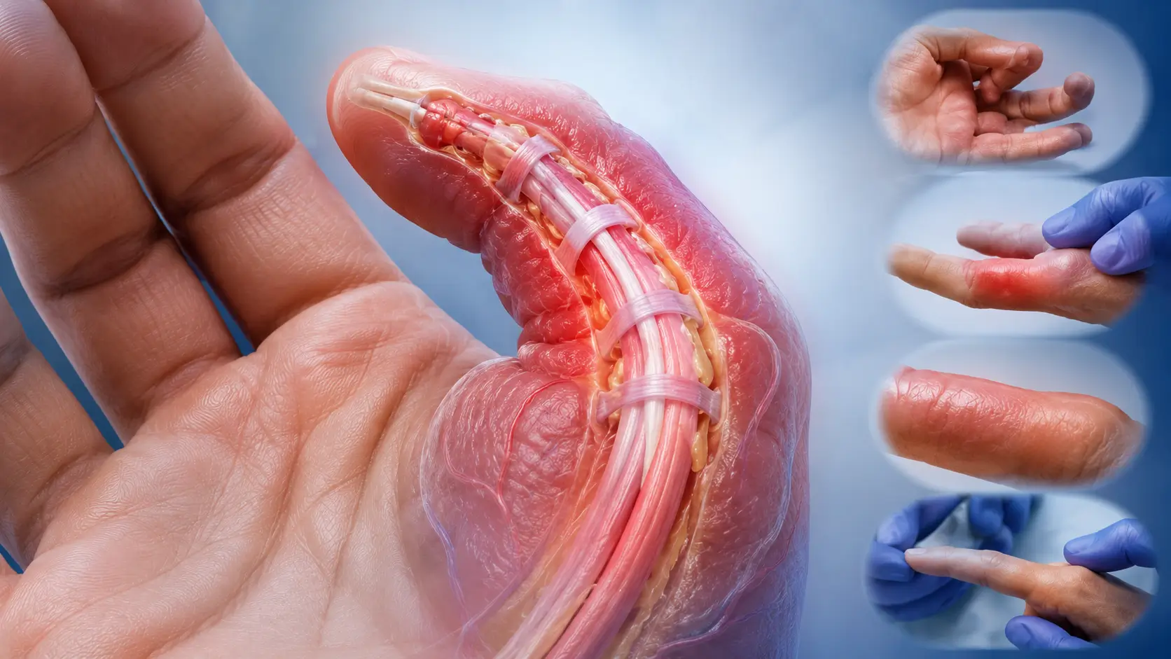 Piyojenik fleksor tenosinovitte tendon kılıfı enfeksiyonu ve Kanavel bulgularını gösteren anatomik medikal illüstrasyon