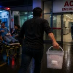 İş kazasında parmağı kopan çalışanın acil servise getirilmesi ve kopan parmağının taşınma şeklini gösteren temsili görsel.