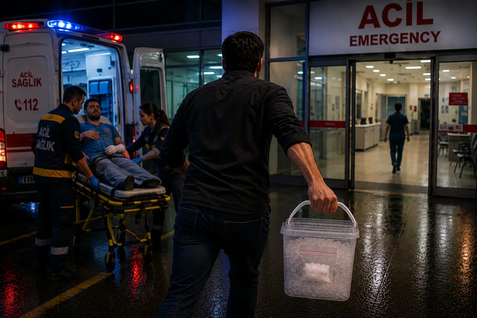 İş kazasında parmağı kopan çalışanın acil servise getirilmesi ve kopan parmağının taşınma şeklini gösteren temsili görsel.