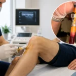 Klinik ortamda diz eklemine kök hücre tedavisi uygulanmasını gösteren ortopedik işlem görseli