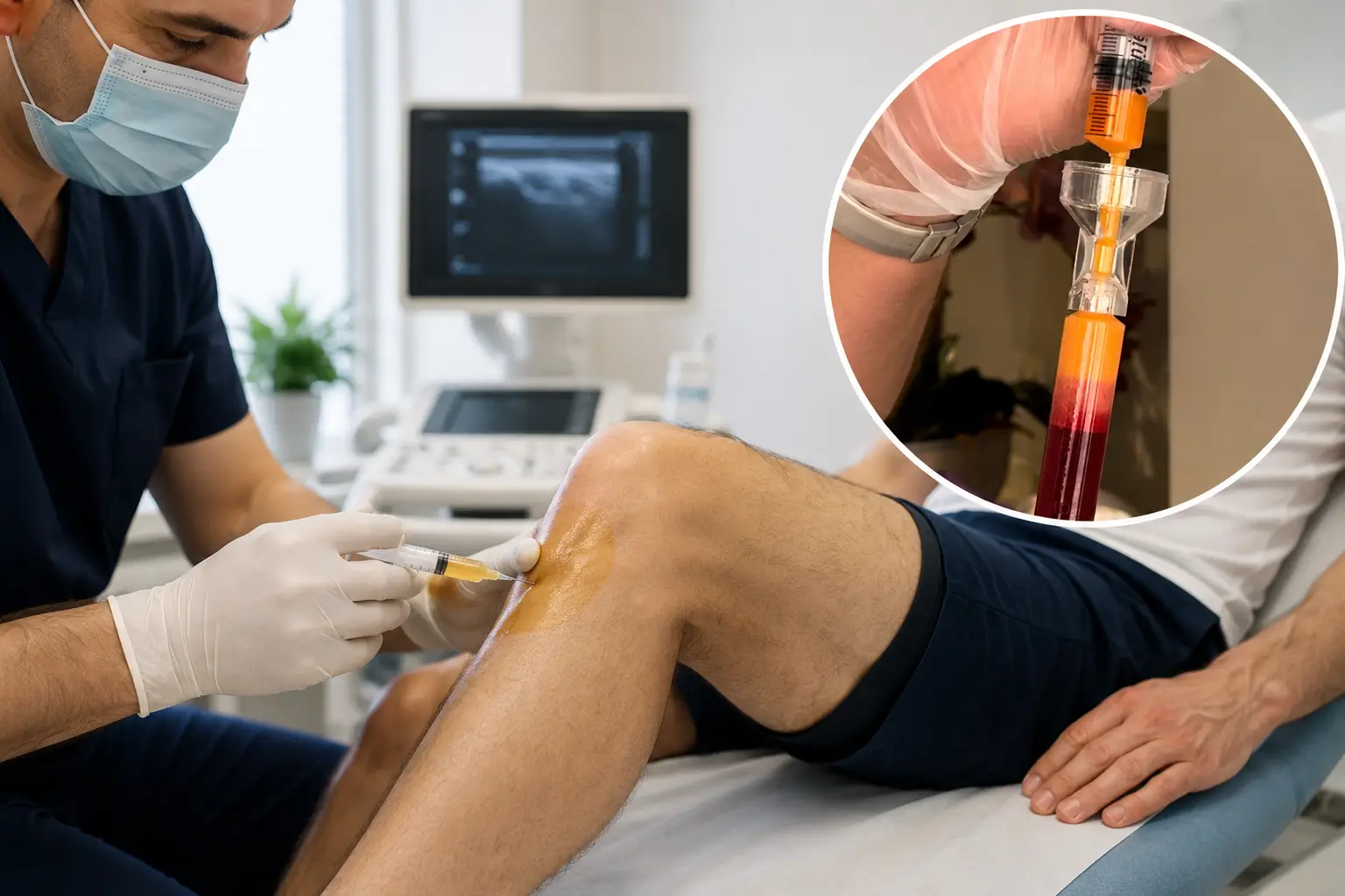 Klinik ortamda diz eklemine kök hücre tedavisi uygulanmasını gösteren ortopedik işlem görseli