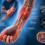 Pronator sendromunda median sinir sıkışmasını ve ön kol kompresyon bölgelerini gösteren anatomik medikal illüstrasyon”