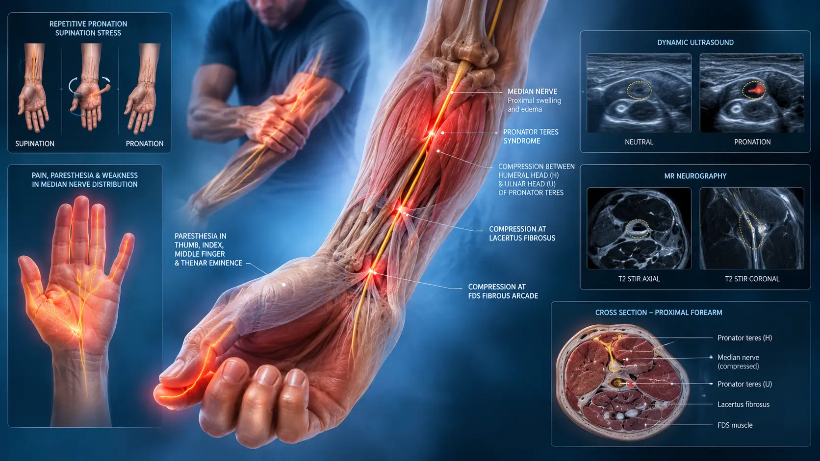 Pronator sendromunda median sinir sıkışmasını ve ön kol kompresyon bölgelerini gösteren anatomik medikal illüstrasyon”