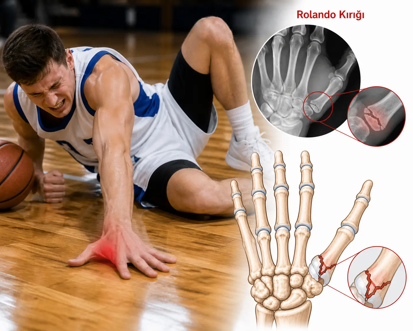Yere düşen sporcuda başparmak kökünde parçalı Rolando kırığını ve röntgen görünümünü gösteren tıbbi görsel