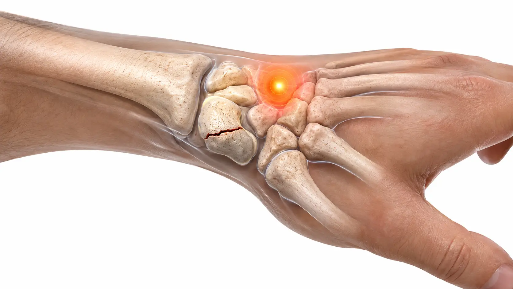 El bileğinde skafoid waist nonunion ve radial tarafta ağrı lokalizasyonunu gösteren medikal görsel