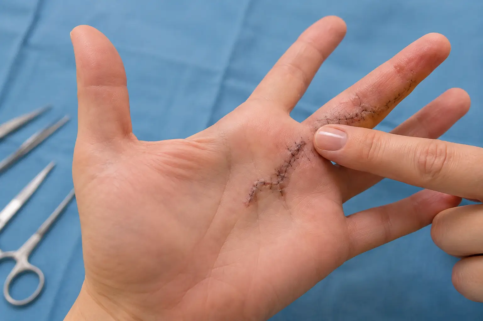 El tendon yapışıklığı nedeniyle tenoliz ameliyatı uygulanmış elde cerrahi kesi görünümü