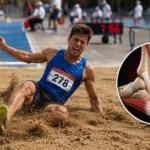 Uzun atlama sırasında kalkaneus avulsiyon kırığı yaşayan sporcuyu ve topuk kemiği kırığını gösteren medikal görsel