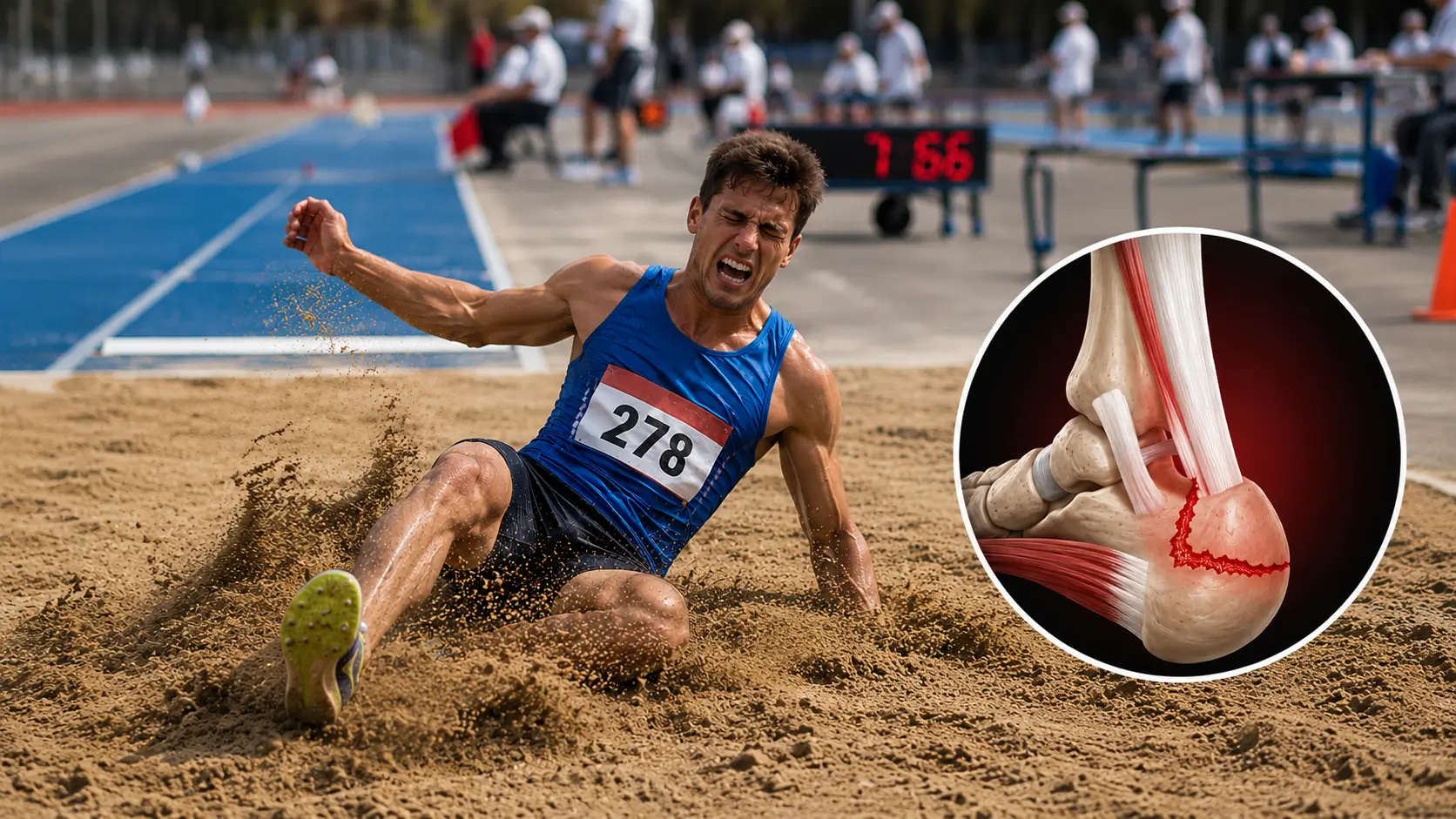 Uzun atlama sırasında kalkaneus avulsiyon kırığı yaşayan sporcuyu ve topuk kemiği kırığını gösteren medikal görsel
