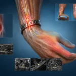 Wartenberg sendromunda yüzeyel radial sinirin brakioradialis ve ekstansör karpi radialis longus tendonları arasında sıkışmasını, el sırtına yayılan nöropatik ağrı ve duyu bozukluğunu gösteren detaylı tıbbi illüstrasyon.