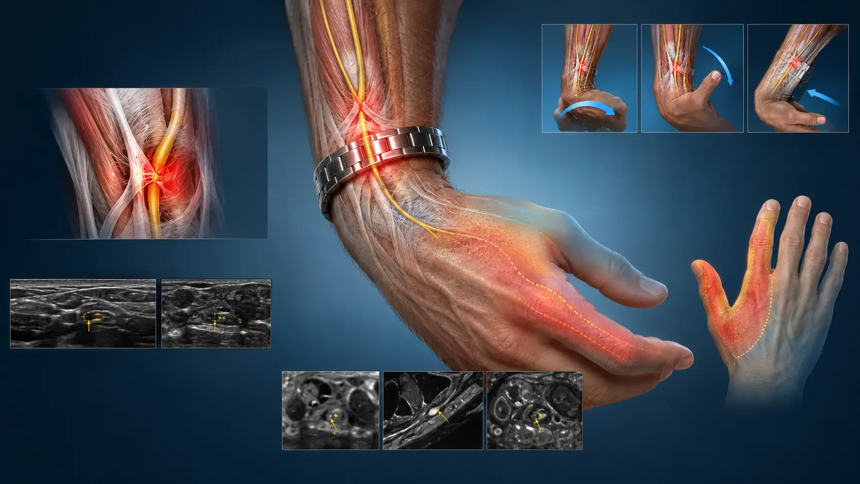 Wartenberg sendromunda yüzeyel radial sinirin brakioradialis ve ekstansör karpi radialis longus tendonları arasında sıkışmasını, el sırtına yayılan nöropatik ağrı ve duyu bozukluğunu gösteren detaylı tıbbi illüstrasyon.