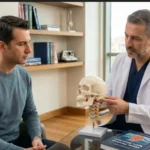 Omurga cerrahisi uzmanı doktor, klinik ortamında kafatası ve servikal omurga (boyun bölgesi) maketi üzerinde erkek hastaya boyun fıtığı anatomisini ve rahatsızlığını açıklıyor
