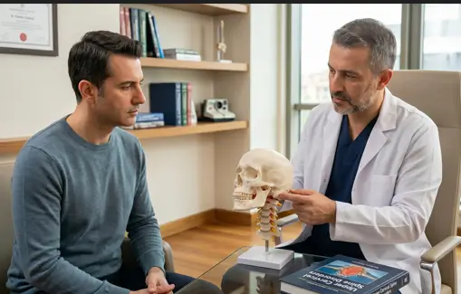 Omurga cerrahisi uzmanı doktor, klinik ortamında kafatası ve servikal omurga (boyun bölgesi) maketi üzerinde erkek hastaya boyun fıtığı anatomisini ve rahatsızlığını açıklıyor