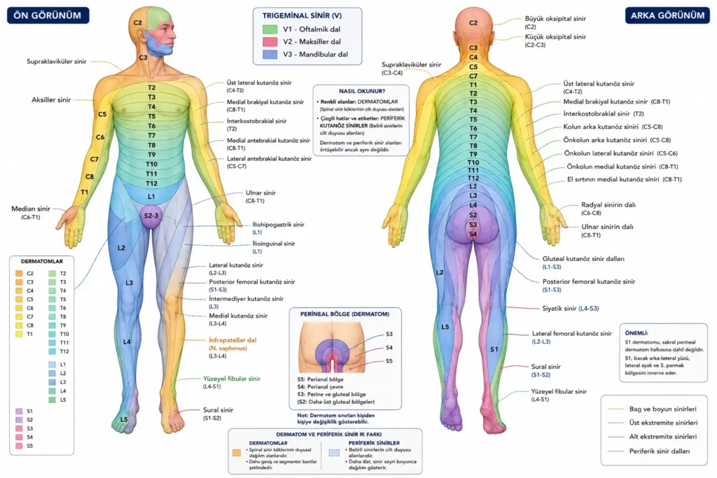 Dermatom dağılımlarını, kol ve elde uyuşma bölgelerini gösteren ön ve arka görünüm anatomik harita.