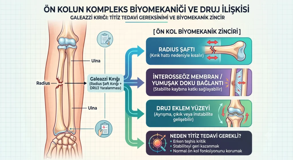 Ön kolun kompleks biyomekaniğini ve Galeazzi kırığı zincirini anlatan infografik. Görselde ön kol anatomisi üzerinde radius şaft kırığı ve DRUJ yaralanması gösterilmektedir; yan panelde ise radius şaftının kısalması, interosseöz membran stabilite kaybı ve DRUJ eklem yüzeyindeki çıkık/instabilite aşamaları şematize edilmiştir.