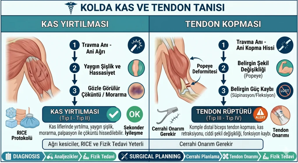 Kolda kas yırtılması ve tendon kopması ayırıcı tanısını gösteren tıbbi infografik. Sol tarafta ağrı, yaygın şişlik ve gözle görülür çöküntü ile karakterize kas yırtılması (Tip I-II) ve RICE protokolü; sağ tarafta ise ani kopma hissi, Popeye deformitesi ve belirgin güç kaybı ile karakterize distal biceps tendon kopması (Tip III-IV) cerrahi onarım algoritması yer almaktadır.