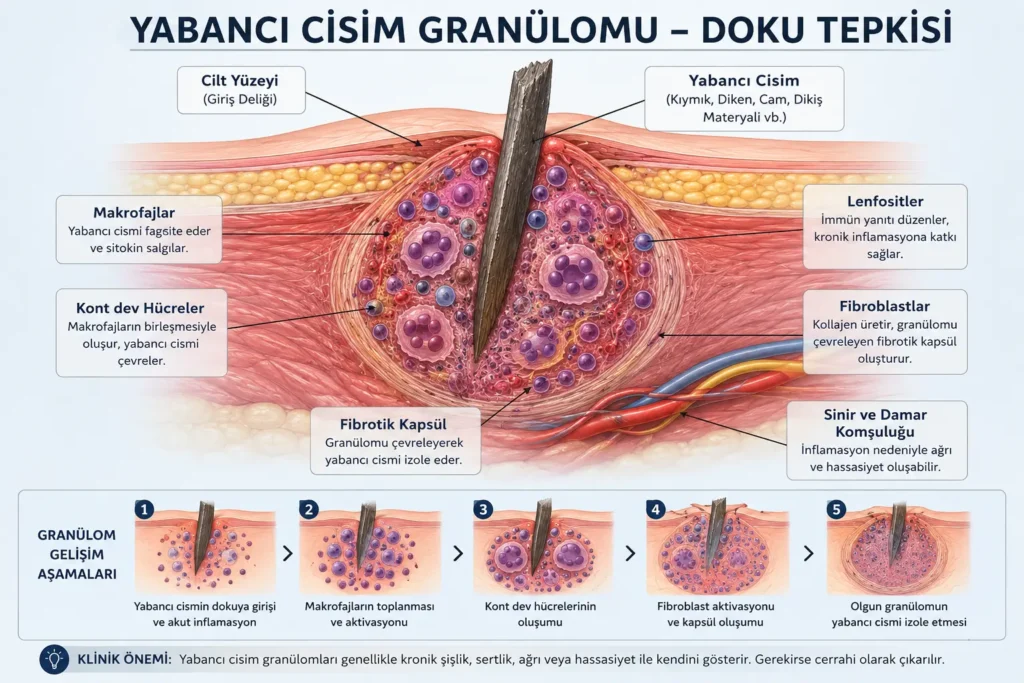 Yabancı cisim granülomunun oluşum sürecini gösteren tıbbi infografik. Kıymık, cam veya iğne gibi yabancı cisimlerin etrafında makrofajlar, dev hücreler ve fibrotik kapsül gelişimini gösteren doku reaksiyonu şeması.