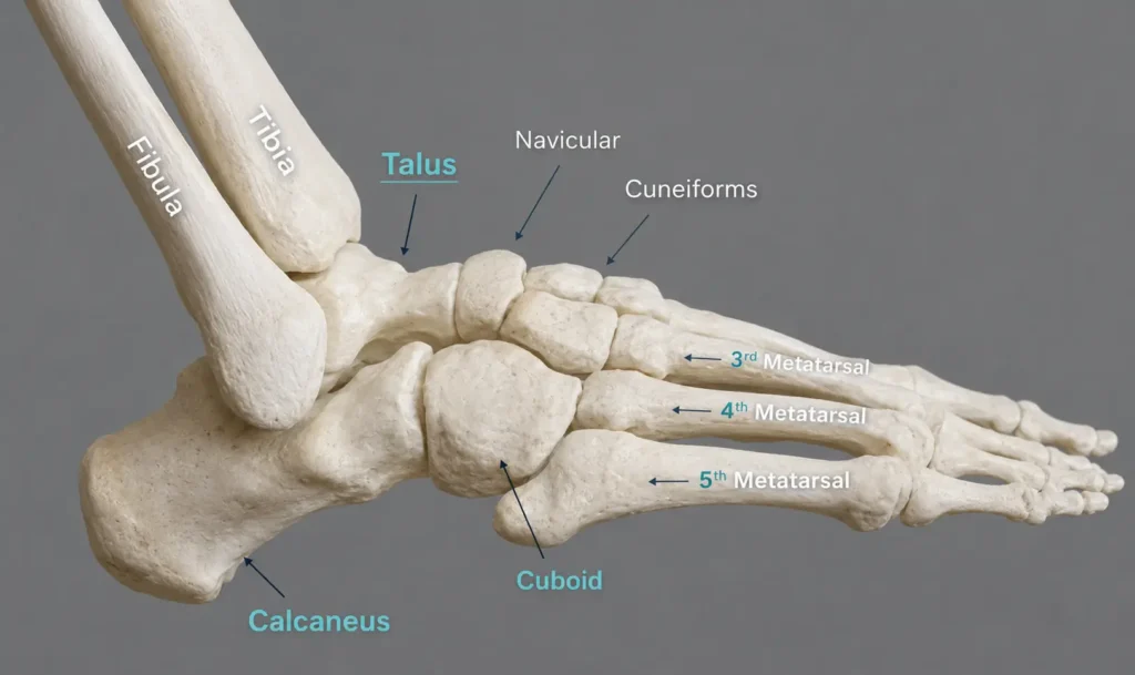 Ayak bileği kemikleri anatomisi; tibia, fibula, talus, kalkaneus ve ayak kemiklerini gösteren anatomik görsel