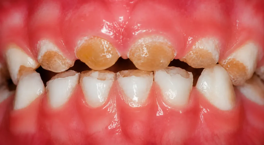 Osteogenesis Imperfecta (Cam Kemik Hastalığı) ile ilişkili Dentinogenesis Imperfecta bulgularını gösteren, opalesan renk değişikliği ve belirgin mine aşınması bulunan dişlerin klinik görünümü.