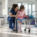 Cam kemik hastalığı (Osteogenesis Imperfecta) olan çocuğun çocuk fizyoterapisti eşliğinde yürüteç kullanarak fizik tedavi ve yürüme rehabilitasyonu yaptığı klinik ortamı gösteren medikal görsel.