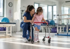 Cam kemik hastalığı (Osteogenesis Imperfecta) olan çocuğun çocuk fizyoterapisti eşliğinde yürüteç kullanarak fizik tedavi ve yürüme rehabilitasyonu yaptığı klinik ortamı gösteren medikal görsel.