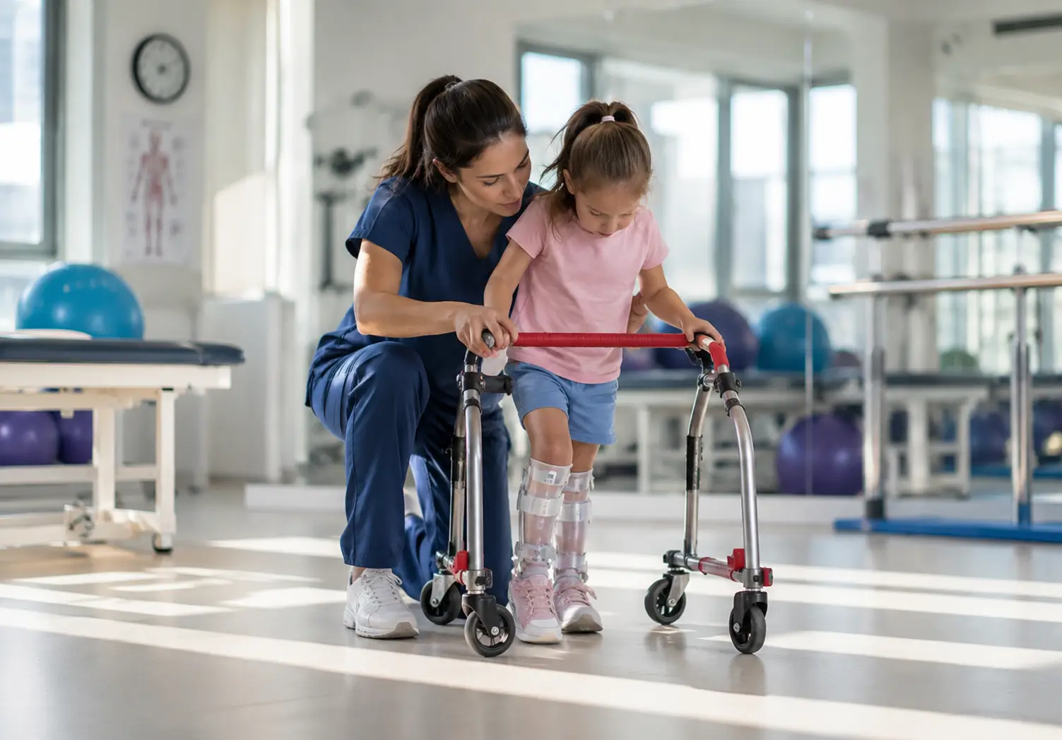 Cam kemik hastalığı (Osteogenesis Imperfecta) olan çocuğun çocuk fizyoterapisti eşliğinde yürüteç kullanarak fizik tedavi ve yürüme rehabilitasyonu yaptığı klinik ortamı gösteren medikal görsel.