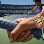 Tenis raketini kavrama sırasında hamatum kancası kırığının oluşum mekanizmasını ve kırık bölgesinin anatomik yerleşimini gösteren detaylı tıbbi illüstrasyon.