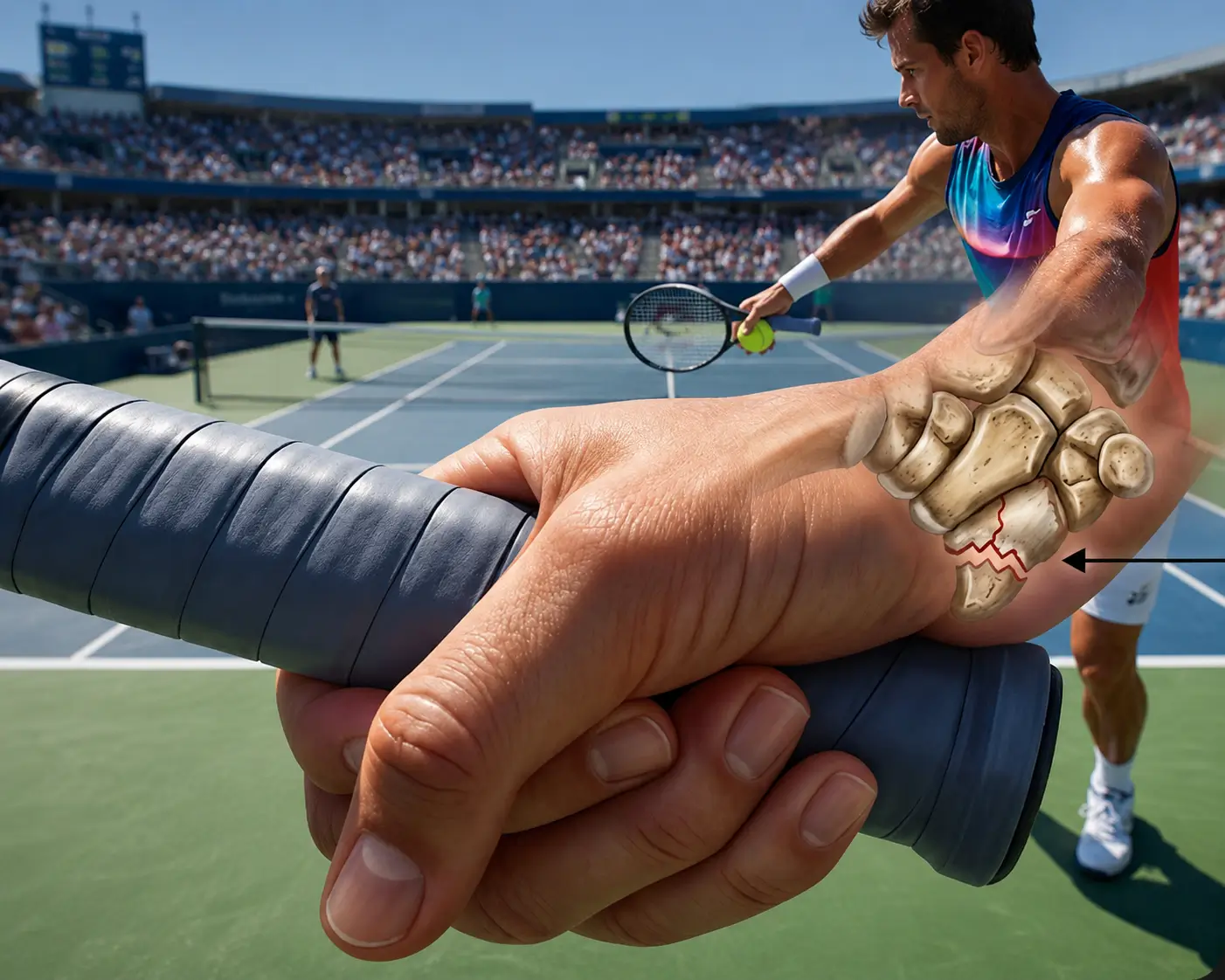 Tenis raketini kavrama sırasında hamatum kancası kırığının oluşum mekanizmasını ve kırık bölgesinin anatomik yerleşimini gösteren detaylı tıbbi illüstrasyon.