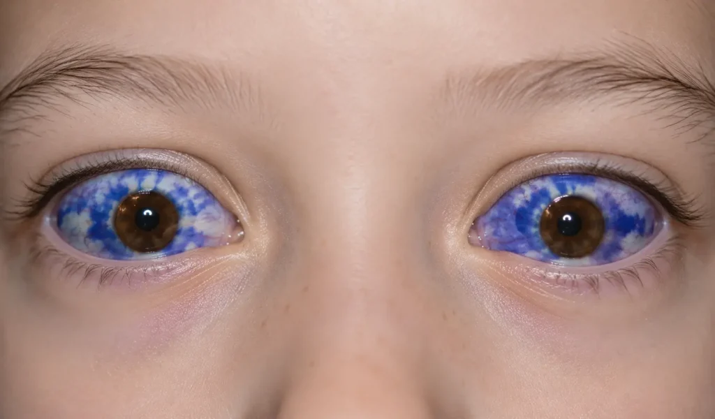 Cam kemik hastalığında (Osteogenesis Imperfecta) görülen karakteristik mavi sklera bulgusunu gösteren, kahverengi irisli gözlerin yakın plan klinik görseli.