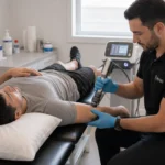 Kas-iskelet sistemi rahatsızlıklarının tedavisinde kullanılan ESWT cihazı ile erkek sağlık profesyonelinin hastanın ön koluna şok dalga tedavisi uyguladığı klinik ortam.