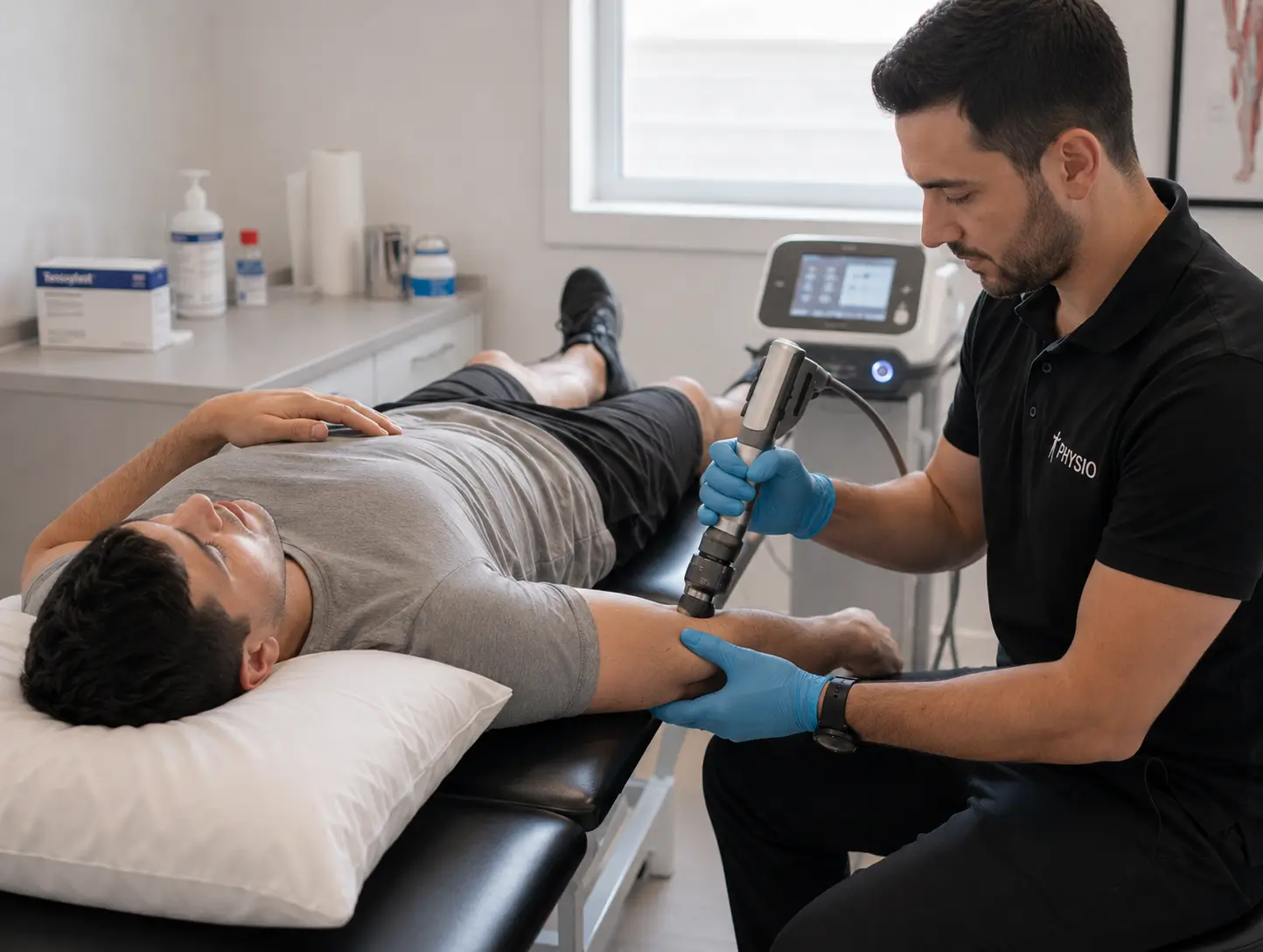 Kas-iskelet sistemi rahatsızlıklarının tedavisinde kullanılan ESWT cihazı ile erkek sağlık profesyonelinin hastanın ön koluna şok dalga tedavisi uyguladığı klinik ortam.